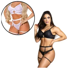 Conjunto Sexy com Cinta Liga em Tule com Detalhes e Recortes