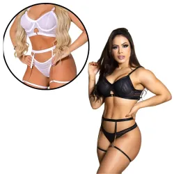 Conjunto Sexy com Cinta Liga em Tule com Detalhes e Recortes