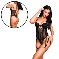 Body com Bojo e Ligas em Tule e Renda Elegante