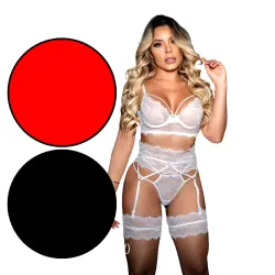 Conjunto Sensual em Renda com Ligas Doce Inocência