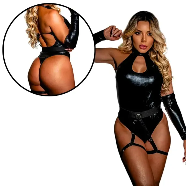 Body em Vinil com Luvas e Cinta-liga Dama da Noite Body em Vinil com Luvas e Cinta-liga Dama da Noite