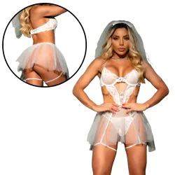 Fantasia Sensual de Noiva com Véu e Saia