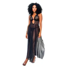 Camisola Sensual Longa em Tule e Renda com Abertura Lateral Faby