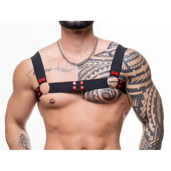 Harness Elástico Preto com Argolas e Detalhes em Vermelho Harness Elástico Preto com Argolas e Detalhes em Vermelho