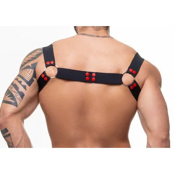 Harness Elástico Preto com Argolas e Detalhes em Vermelho Harness Elástico Preto com Argolas e Detalhes em Vermelho
