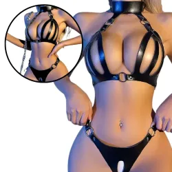 Conjunto Estilo Harness de Calcinha e Sutiã em Couto Sintético
