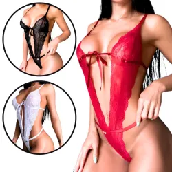 Body Sexy em Renda com Decote Fronta e Costas Abertas Chupeta