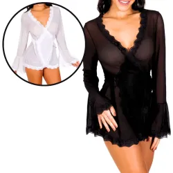 Robe Curto de Luxo Ilustre em Tule e Renda com Transparência Robe Curto de Luxo Ilustre em Tule e Renda com Transparência