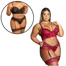 Cropped e Calcinha em Renda com Liga e Perneira Linha Plus Size