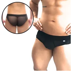 Cueca Masculina em Cirrê com Tule Preto e Transparência Atrás