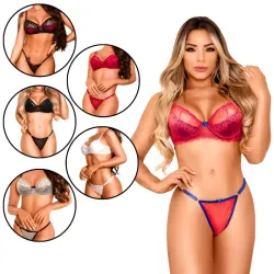 Conjunto Lingerie Rendado sem Bojo Calcinha String com Regulagem Conjunto Lingerie Rendado sem Bojo Calcinha String com Regulagem