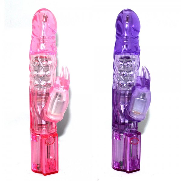 Dois vibradores Rabbit Coelhinho - Vibrador Rotativo. um rosa e o outro roxo, lado a lado.