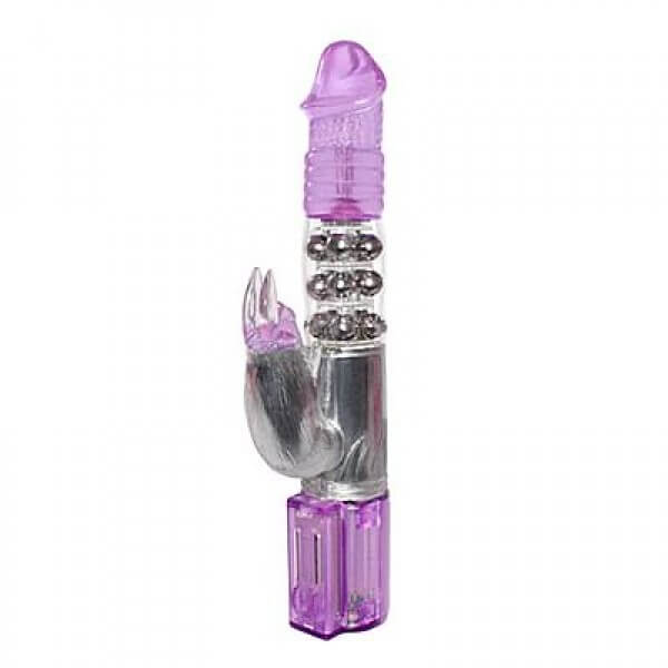 Um vibrador rabbit rotativo roxo.