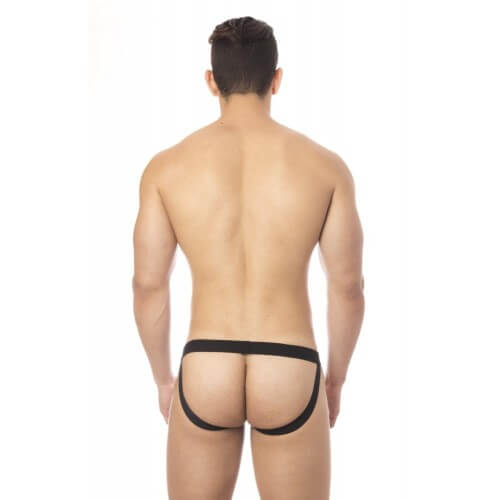 um homem usando uma cueca jock virado de costas. As cuecas jockstrap são muito ousadas. elas deixam o bombum a mostra.